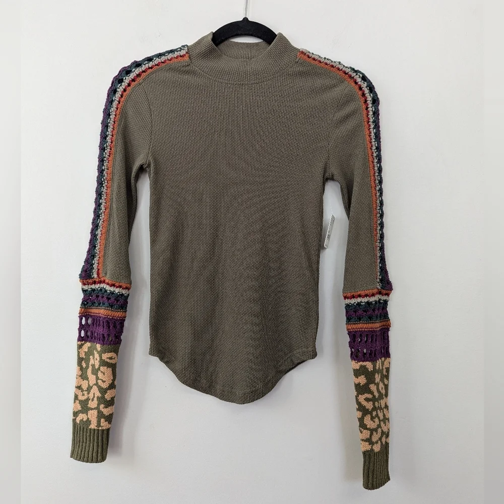 Free People Switch It Up Cuff Thermal Shirt Green Multi-color‎ Size XS